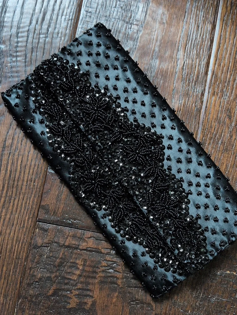 VINTAGE Black Beaded Satin Fold-Over Clutch Purse by Grande Maison Blanche